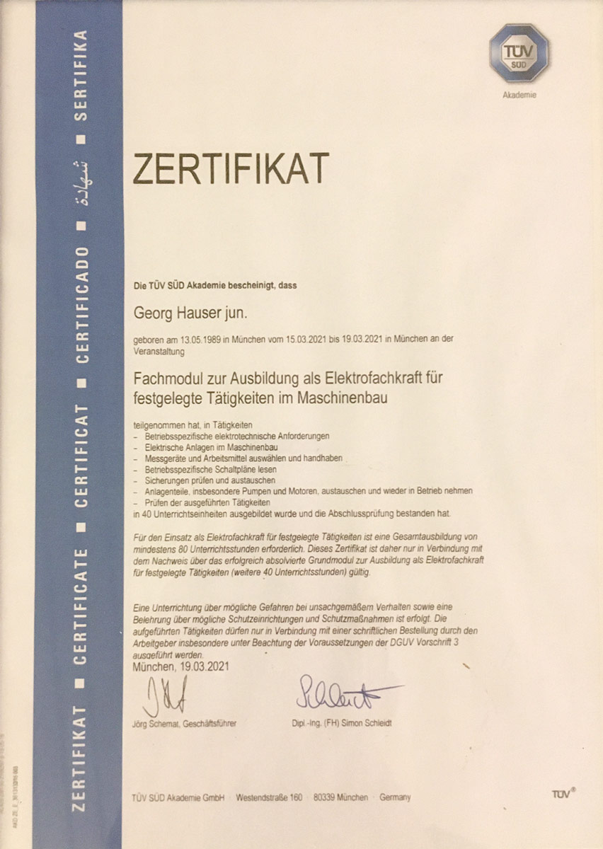Zertifikat Elektro-Fachkraft - Georg Hauser